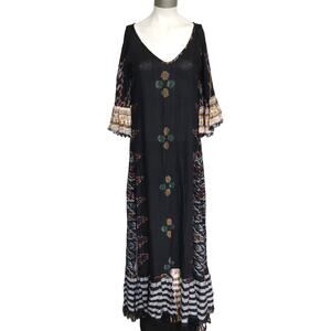 ERIKA PENA Tribal E Margarita Long Ikat maxi ruffle fringe dress black S / M NEW